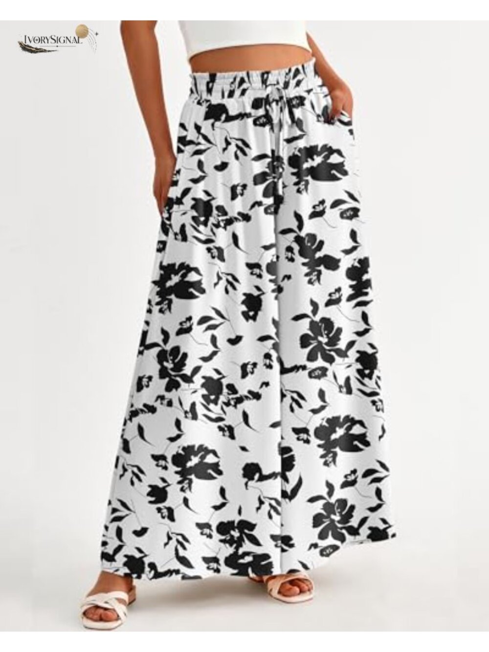 Women's Flowy Wide Leg Palazzo Pants with Drawstring Waist and Side Pockets - Picture 2 of 6
